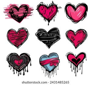 Conjunto de Icono de corazones de graffiti. Doodle Amor símbolo rosa San Valentín diseño decorativo ilustración vectorial