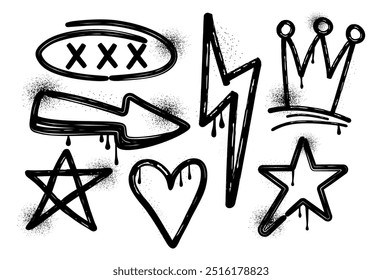 Set of graffiti icons. Brush. Charcoal and crayon. Scribble. Grunge texture. Trendy elements. Collection shapes. Spray, dots. Melted paint. Ink. Freehand. Splash. Street art. Star, lightning, crown