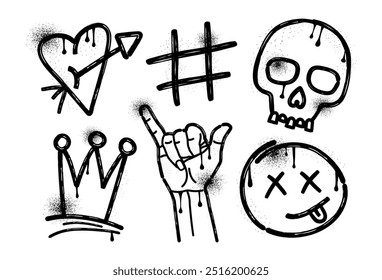 Set of graffiti icons. Brush. Charcoal and crayon. Drawing. Scribble. Melted paint. Ink. Freehand. Splash. Y2k. Scull, heart, hand, crown. Grunge texture. Trendy elements. Collection shapes. Hippie