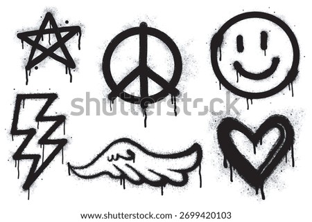 Set of graffiti image symbols. Spray-painted graffiti patterns with lightning bolts, crowns, stars, peace symbols, hearts, and smiley emoticons. Spray-painted elements. Street art-style illustrations.