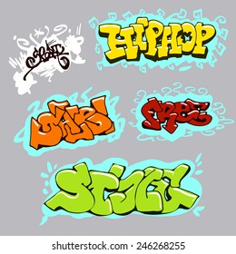 Set of graffiti labels and tags on grey background.Can be used for stickers. Vector illustration.