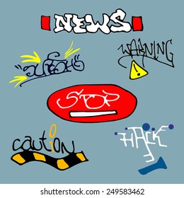 Set of graffiti labels and tags on blue background.Can be used for stickers. Vector illustration.