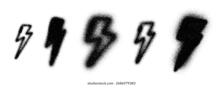 Conjunto de rayos de graffiti en estilo de arte punteado con textura en aerosol y sombreado de grano. Abstractas paquete Thunderbolt de Vector en blanco y negro. Elementos de relámpago del arte de Stipple para el arte de la calle, cartel 