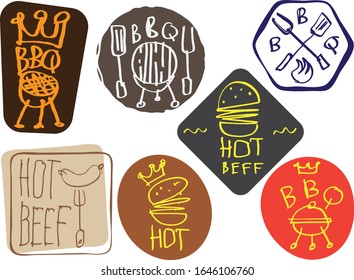 Set of graffiti like hand made calligraphy logo and stickers for BBQ and burgers. Sketches and free line.
