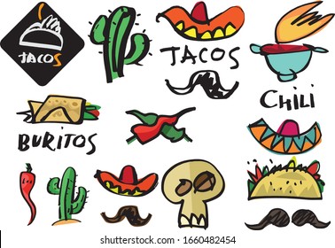 Set of graffiti like hand made calligraphy logo and stickers for MEXICAN FOOD and cuisine. Sketches and free line. Templates for menu, merchandise, cafe and restaurant decorations.