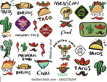 Set of graffiti like hand made calligraphy logo and stickers for MEXICAN FOOD and cuisine. Sketches and free line. Templates for menu, merchandise, cafe and restaurant decorations.