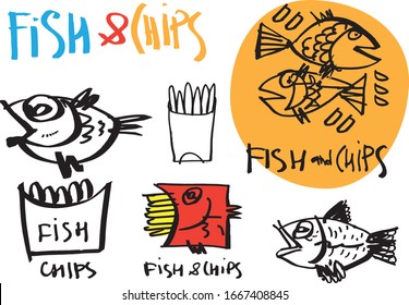 Set of graffiti like hand made calligraphy logo and stickers for FISH and CHIPS points. Sketches and free line. Templates for menu, merchandise, cafe and restaurant decorations.