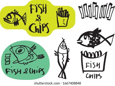 Set of graffiti like hand made calligraphy logo and stickers for FISH and CHIPS points. Sketches and free line. Templates for menu, merchandise, cafe and restaurant decorations.