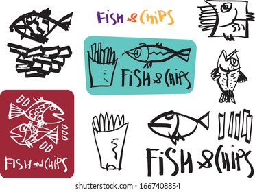 Set of graffiti like hand made calligraphy logo and stickers for FISH and CHIPS points. Sketches and free line. Templates for menu, merchandise, cafe and restaurant decorations.