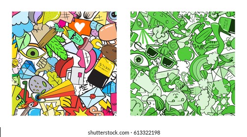 Set of Graffiti pattern with urban lifestyle line icons. Crazy doodle abstract vector background. Trendy linear style collage with bizarre street art elements.