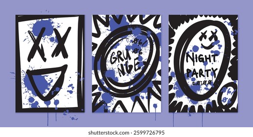 Set of graffiti poster with abstract doodles, scribbles, splashes, throw up pieces. Hand-drawn street art background with bold lettering, grunge elements, artistic ink splatters. Vector illustration.