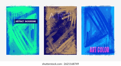 Set of graffiti punk posters with grunge. Colorful Art brush drawn overlay texture. Vector frames or retro style overlay distress grain, ink drips and paint splashes. Urban street, halftone texture.