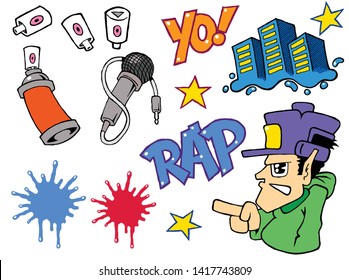 set of graffiti and rap music elements with microphone urban city spray can caps character star and paint splash for party event festival design isolated vector