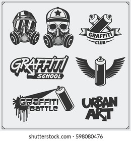 Set of graffiti school and street art labels, badges, emblems and design elements. 