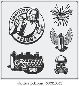 Set of graffiti school and street art labels, badges, emblems and design elements.