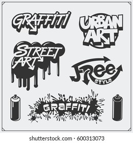 Set of graffiti school and street art labels, badges, emblems and design elements.
