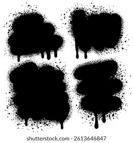 Set of graffiti spray banners. Vector spray paint shapes with Lines and Droplets Black ink splashes, collection of ink stains, Street style.