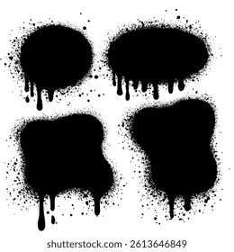 Set of graffiti spray banners. Vector spray paint shapes with Lines and Droplets Black ink splashes, collection of ink stains, Street style.