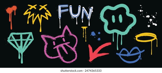 Set of graffiti spray element vector. Collection of colorful symbol, scribble, stroke, arrow, diamond, bear, mouth, face. Element on black background for banner, decoration, street art, ads.