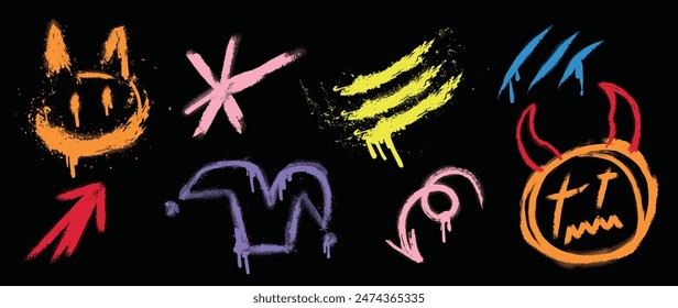 Set of graffiti spray element vector. Collection of colorful symbol, scribble, stroke, arrow, devil, smile. Element on black background for banner, decoration, street art, ads.