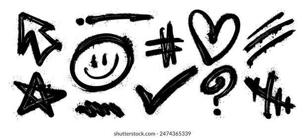 Set of graffiti spray element vector. Collection of colorful symbol, scribble, stroke, arrow, heart, smile, star. Element on white background for banner, decoration, street art, ads.