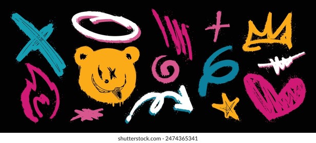 Conjunto de Vector de elementos de graffiti. Colección de símbolo colorido, garabato, trazo, flecha, corazón, fuego, oso, corona. Elemento sobre fondo negro para Anuncio, decoración, arte callejero, anuncios.