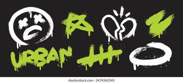 Set of graffiti spray element vector. Collection of colorful symbol, scribble, stroke, arrow, heart, star, face. Element on black background for banner, decoration, street art, ads.