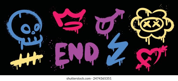 Set of graffiti spray element vector. Collection of colorful symbol, scribble, flower, skull, arrow, crown, stroke, heart. Element on black background for banner, decoration, street art, ads.