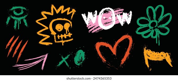 Set of graffiti spray element vector. Collection of colorful symbol, scribble, stroke, arrow, skull, heart, flower. Element on black background for banner, decoration, street art, ads.