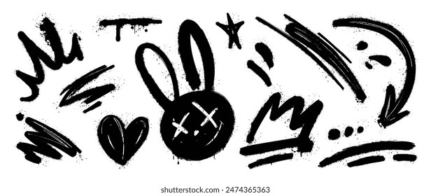 Set of graffiti spray element vector. Collection of colorful symbol, scribble, stroke, arrow, heart, rabbit, star, crown. Element on white background for banner, decoration, street art, ads.