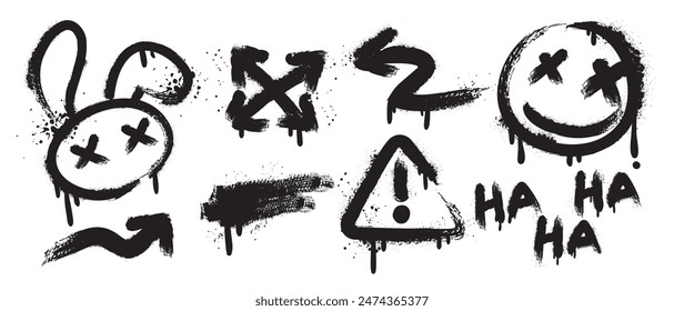 Set of graffiti spray element vector. Collection of colorful symbol, scribble, stroke, arrow, rabbit, smile, warning. Element on black background for banner, decoration, street art, ads.