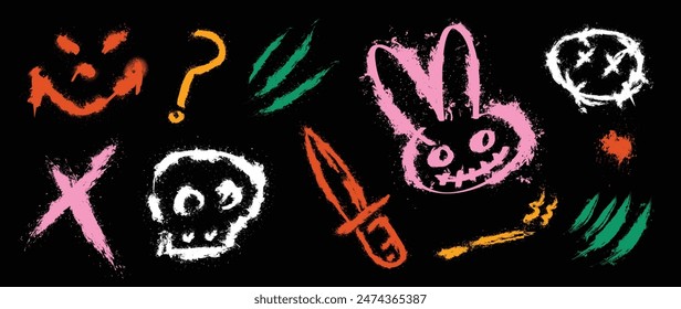 Set of graffiti spray element vector. Collection of colorful symbol, scribble, stroke, arrow, skull, rabbit, knife, smile. Element on black background for banner, decoration, street art, ads.