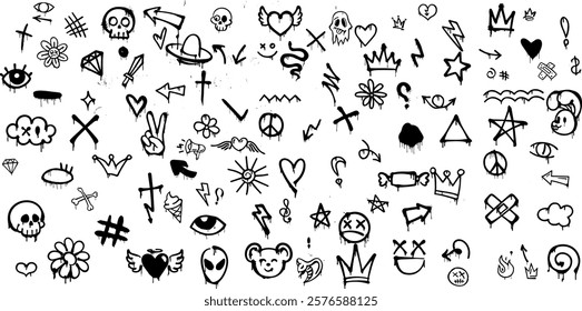 Set of graffiti spray element vector. Collection of colorful symbol, scribble, stroke, arrow, heart