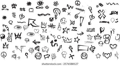 Set of graffiti spray element vector. Collection of colorful symbol, scribble, stroke, arrow, heart