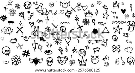 Set of graffiti spray element vector. Collection of colorful symbol, scribble, stroke, arrow, heart