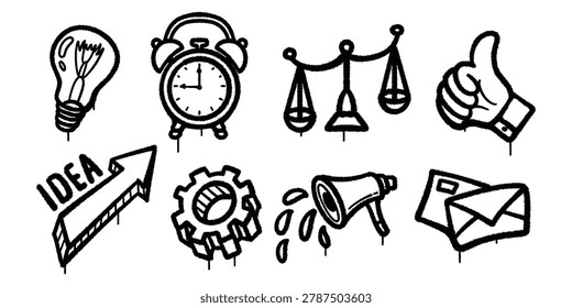 Set of graffiti spray Managing Ideas Balance, Timing, and Execution vector illustration
