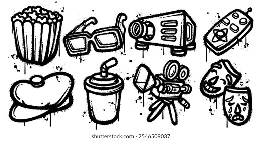 Set of graffiti spray paint cinema elements vector illustration