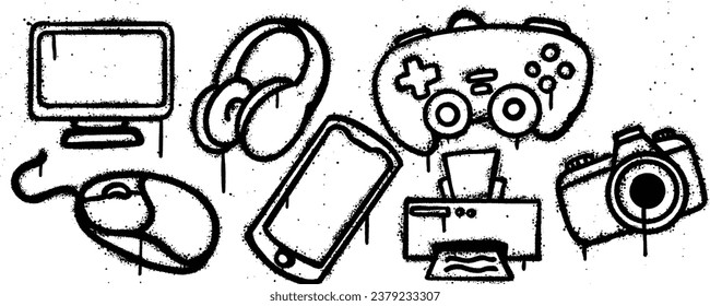 Set graffiti spray paint. Collection of computer, headphone, game, camera, printer, handphone, mouse Isolated Vector