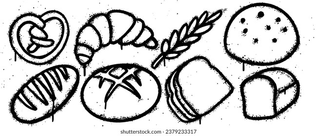 Set graffiti spray paint. Collection of pretzel, croissant, wheat, cookies, bread, slice bread, sourdough french bread Isolated Vector