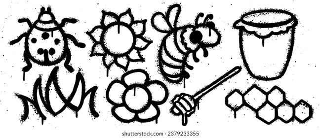 Set graffiti spray paint. Collection of lady bug, flower, bee, jar, hexagon, wooden honey, grass Isolated Vector