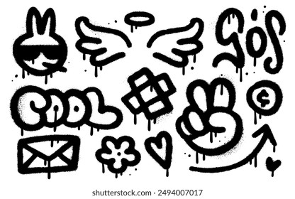 Set of graffiti spray paint elements set. Black brush paint ink drip texture collection of text, letter, bunny in eyeglasses, arrow. Vector Design illustration for card, sticker. banner, street art.