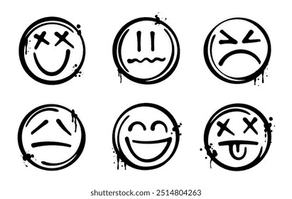 Set of graffiti spray paint emojis. Grunge and dirty emoticon design elements for banners, flyer, cards, poster, collages and ads.