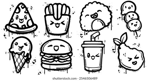 Set of graffiti spray paint fast food elements vector illustration