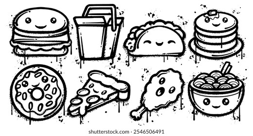 Set of graffiti spray paint fast foods elements vector illustration