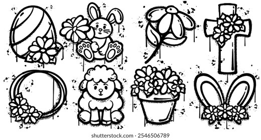 Set of graffiti spray paint happy floral easter elements vector illustration