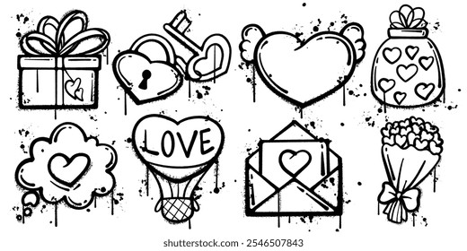 Set of graffiti spray paint happy valentine elements vector illustration