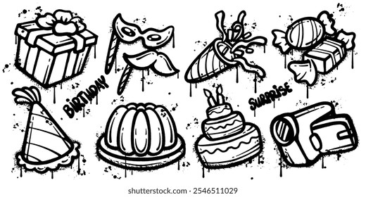 Conjunto de grafite pintura spray feliz aniversário elementos ilustração vetor