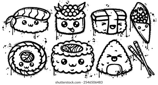 Set of graffiti spray paint japan food elements vector illustration