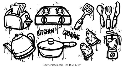 Set of graffiti spray paint kitchen cooking elements vector illustration