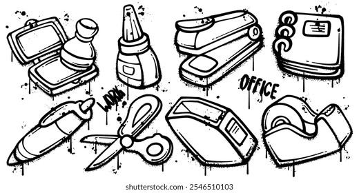 Set of graffiti spray paint office tools elements vector illustration